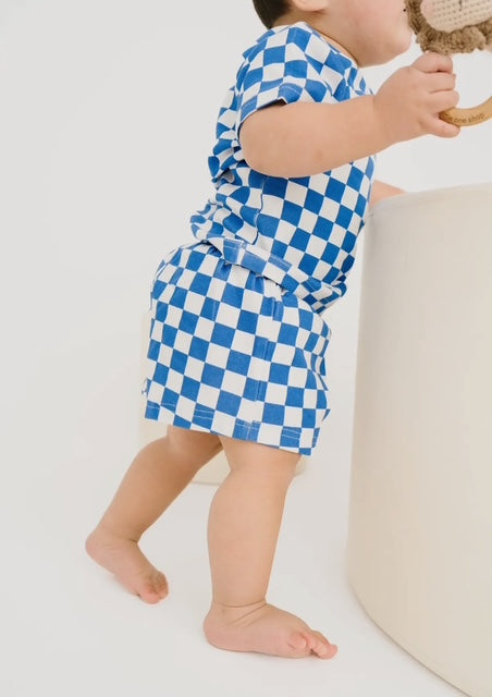 Blue Check Shorts Set